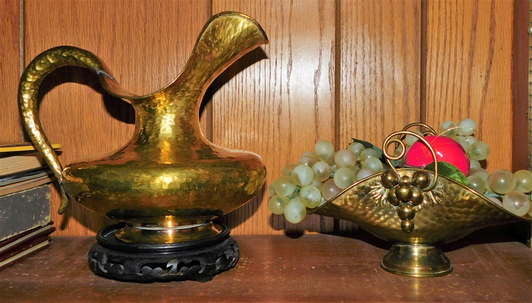 Made in Italy Hammered Brass Pitcher and Basket - Pitcher is 9 1/2" tall including Wood Base