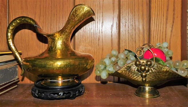 Made in Italy Hammered Brass Pitcher and Basket - Pitcher is 9 1/2 tall including Wood Base
