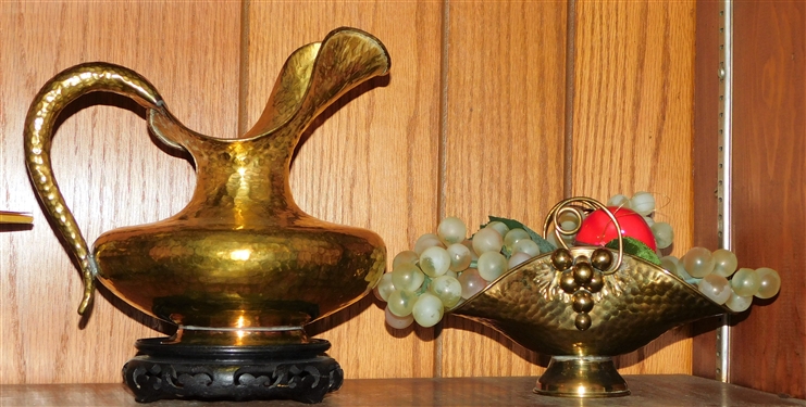 Made in Italy Hammered Brass Pitcher and Basket - Pitcher is 9 1/2 tall including Wood Base