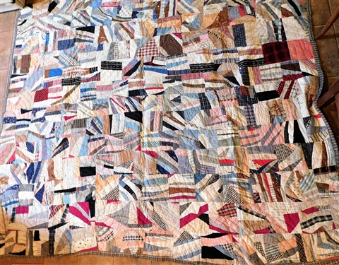 Hand Stitched Crazy Quilt - Plaid Backing -  85 1/2 by 74 1/2 - Some Worn Areas