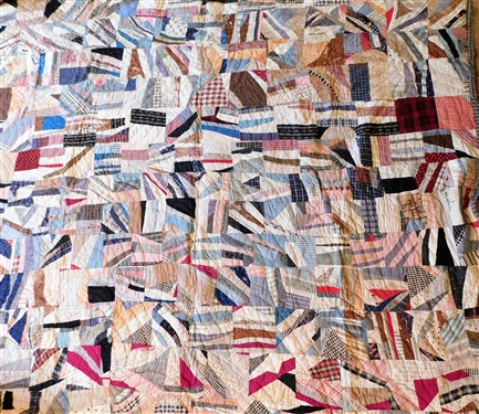 Hand Stitched Crazy Quilt - Plaid Backing -  85 1/2 by 74 1/2 - Some Worn Areas