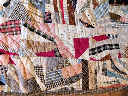 Hand Stitched Crazy Quilt - Plaid Backing -  85 1/2 by 74 1/2 - Some Worn Areas