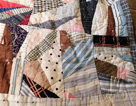 Hand Stitched Crazy Quilt - Plaid Backing -  85 1/2 by 74 1/2 - Some Worn Areas