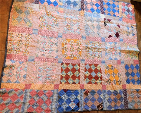 Diamond Pattern Patchwork Quilt - Blue Striped Backing - 67 1/2 by 79