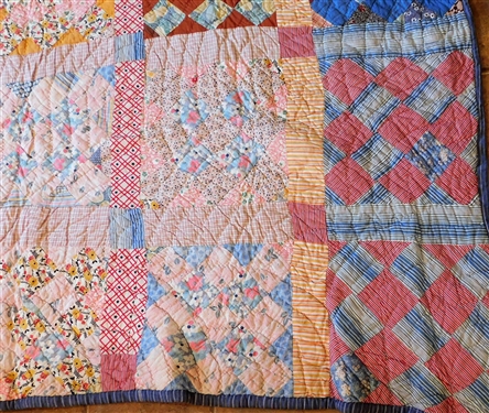 Diamond Pattern Patchwork Quilt - Blue Striped Backing - 67 1/2 by 79