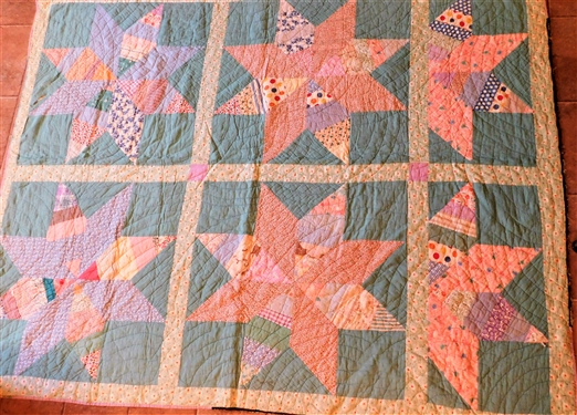 Hand Stitched Star Pattern Quilt -With Metal Number Tag -  Some Fraying Around Edges and Repaired Area - See Photos - 80 by 67 1/2 