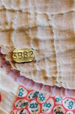 Hand Stitched Star Pattern Quilt -With Metal Number Tag -  Some Fraying Around Edges and Repaired Area - See Photos - 80 by 67 1/2 