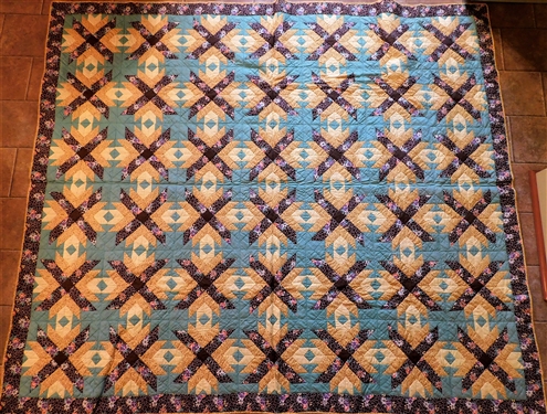 Hand Quilted X Pattern Quilt - Brows, Yellows, and Green - 73 by 84