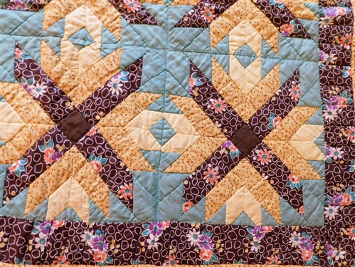 Hand Quilted X Pattern Quilt - Brows, Yellows, and Green - 73 by 84