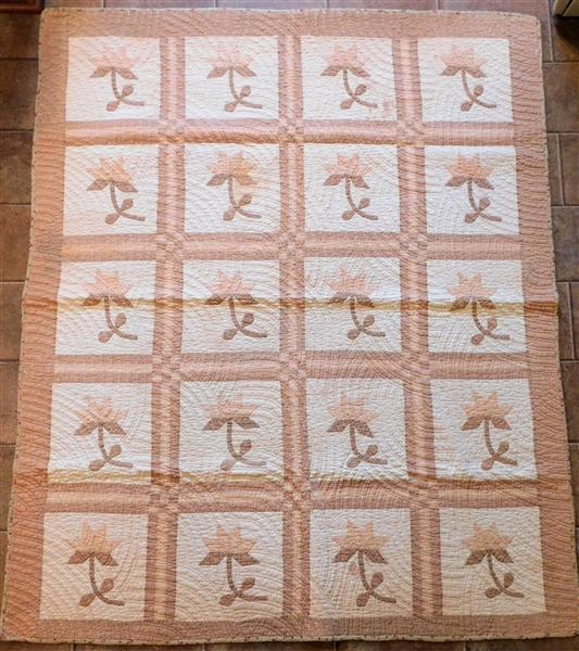 Finely Quilted Flower Pattern Quilt - Cream, Beige, and Peach - 72" by 60" - Some Staining