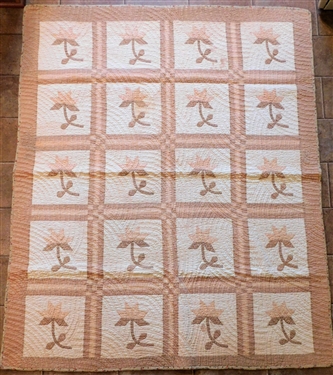 Finely Quilted Flower Pattern Quilt - Cream, Beige, and Peach - 72 by 60 - Some Staining