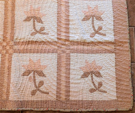 Finely Quilted Flower Pattern Quilt - Cream, Beige, and Peach - 72 by 60 - Some Staining