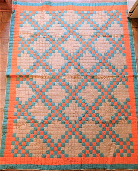 Green, Orange, and Tan Quilt - Hand Quilted - 85" by 65"