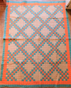 Green, Orange, and Tan Quilt - Hand Quilted - 85 by 65