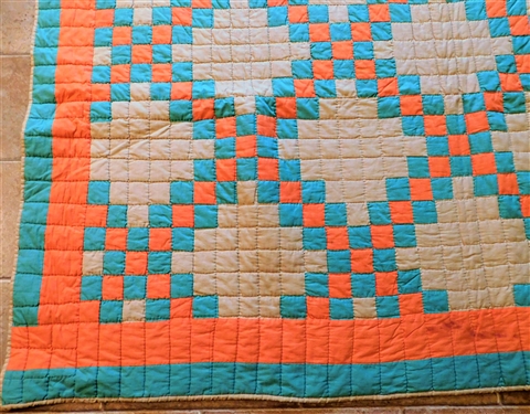 Green, Orange, and Tan Quilt - Hand Quilted - 85 by 65