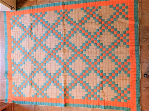 Green, Orange, and Tan Quilt - Hand Quilted - 85 by 65
