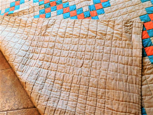Green, Orange, and Tan Quilt - Hand Quilted - 85 by 65