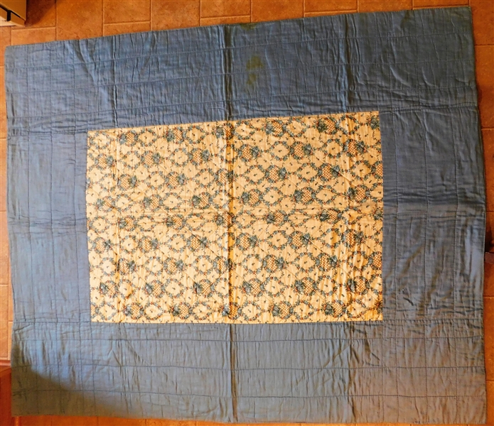 Hand Quilted Blue Spread with Blue Floral Center - 82" by 68" - Some Staining