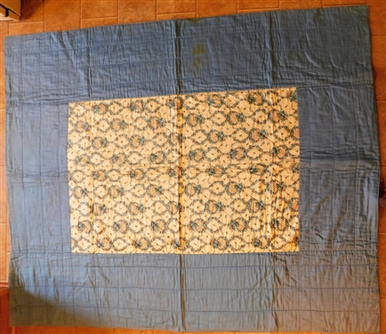 Hand Quilted Blue Spread with Blue Floral Center - 82 by 68 - Some Staining