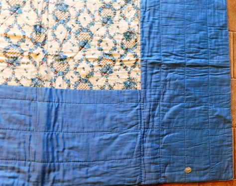 Hand Quilted Blue Spread with Blue Floral Center - 82 by 68 - Some Staining