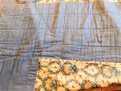 Hand Quilted Blue Spread with Blue Floral Center - 82 by 68 - Some Staining