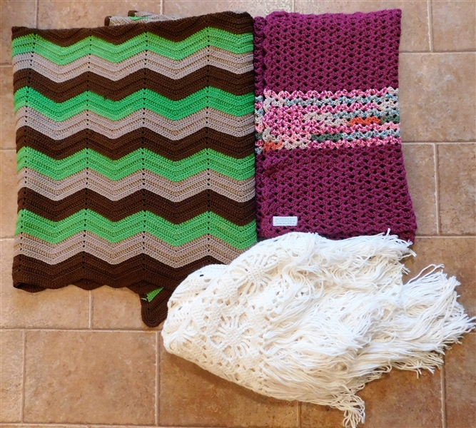 Brown, Green, and Gray Afghan,, White Crochet Shawl, and Handmade by Long Memorial Church Lap Throw