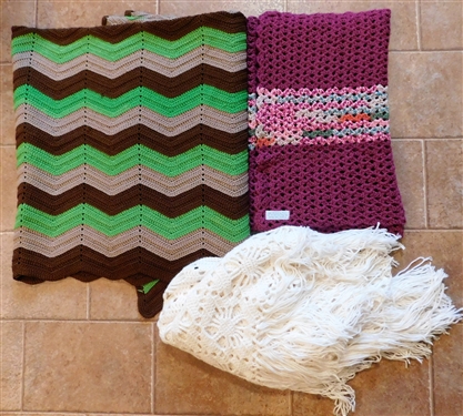 Brown, Green, and Gray Afghan,, White Crochet Shawl, and Handmade by Long Memorial Church Lap Throw
