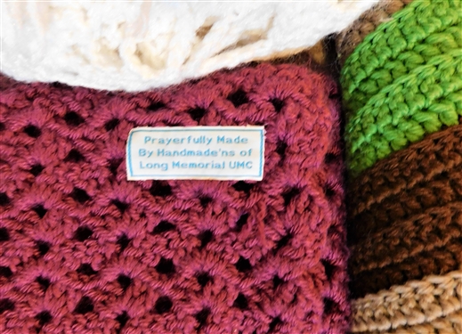 Brown, Green, and Gray Afghan,, White Crochet Shawl, and Handmade by Long Memorial Church Lap Throw