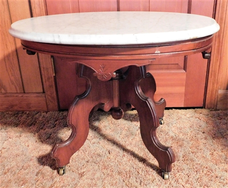 Oval Walnut Marble Top Table - 21 tall 21 1/2 by 28