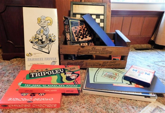 Sunny Slope Farms Wood Crate with Board Games including Tarheel Trivia, Triopoly, Monopoly, and More