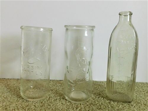 3 Glass Baby Bottles - Betty Jane Nurser, Elephant, and Storks Nursing Bottle 