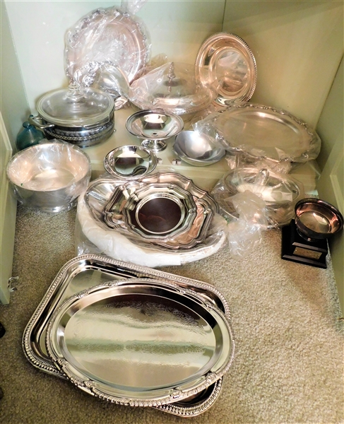 Cabinet Lot of Silver Plate Items including Platters, Compotes, Plates, Bowls, Casseroles, Trophy and More 