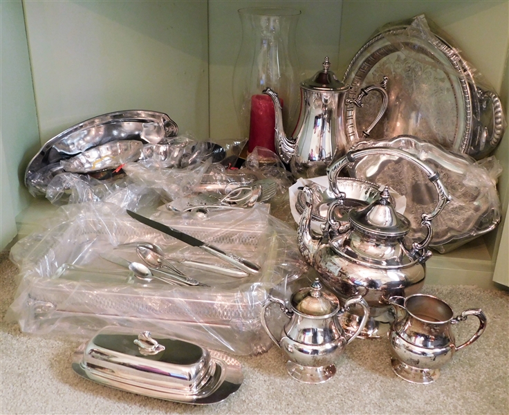 Cabinet Lot of Silver Plate Items including Platters, Compotes, Plates, Bowls, Tea Set, Tea Pot and More 