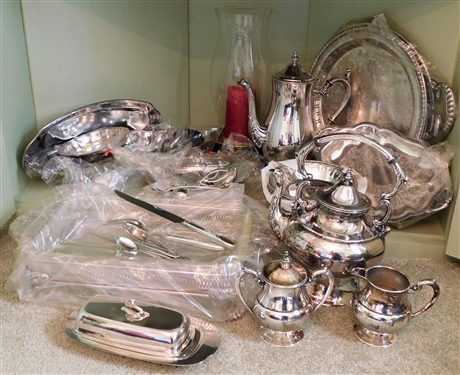 Cabinet Lot of Silver Plate Items including Platters, Compotes, Plates, Bowls, Tea Set, Tea Pot and More 