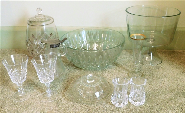 Lot of Glassware including Early Glass Jar with Lid, Trifle Dish, Syrup Pitcher, Glasses, Etc.