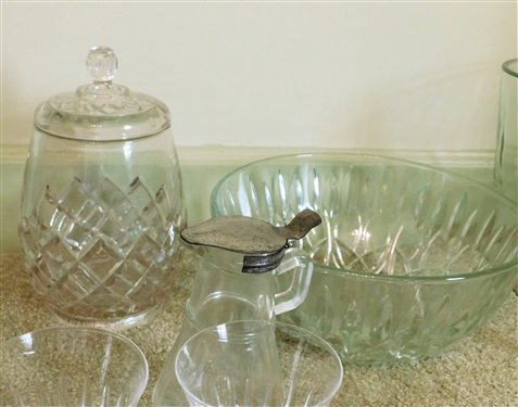 Lot of Glassware including Early Glass Jar with Lid, Trifle Dish, Syrup Pitcher, Glasses, Etc.