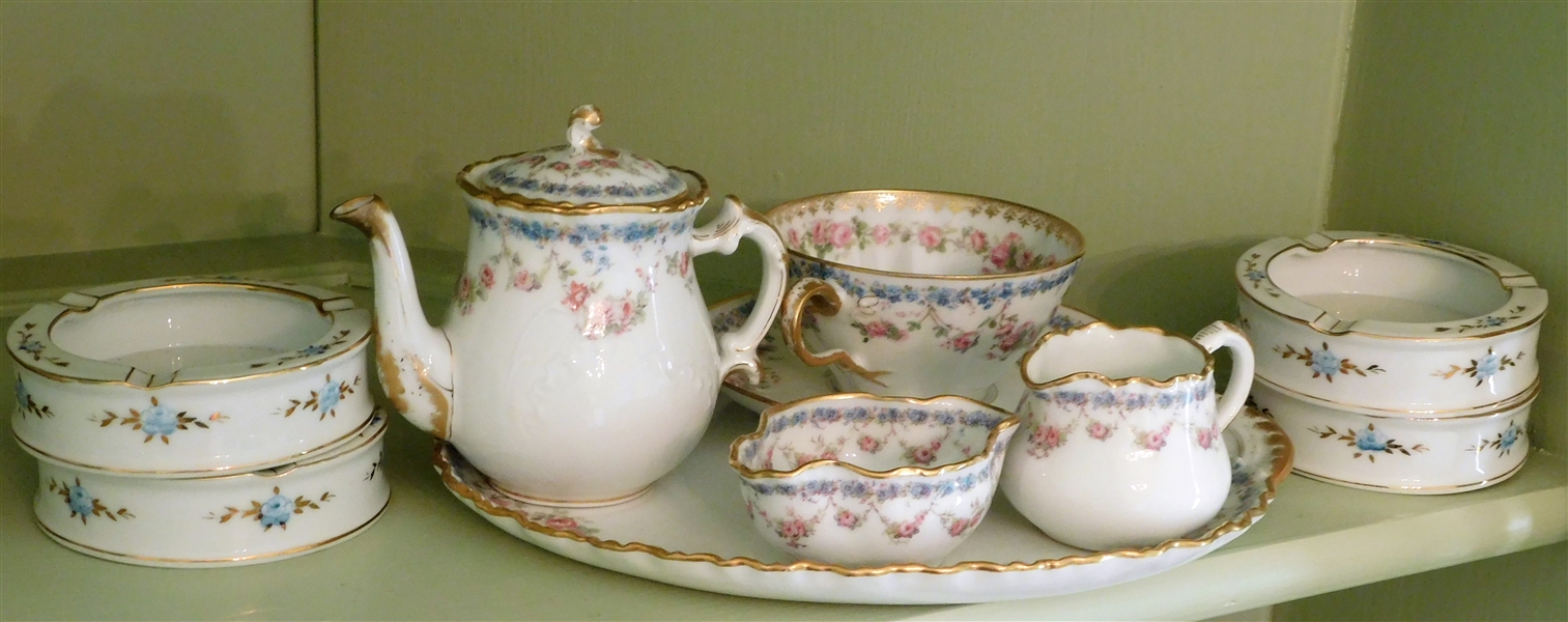 Blue Floral Porcelain Individual Tea Service on Small Tray and 4 Blue Floral China Ash Trays 