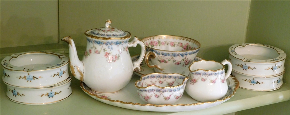 Blue Floral Porcelain Individual Tea Service on Small Tray and 4 Blue Floral China Ash Trays 