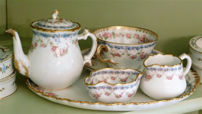 Blue Floral Porcelain Individual Tea Service on Small Tray and 4 Blue Floral China Ash Trays 