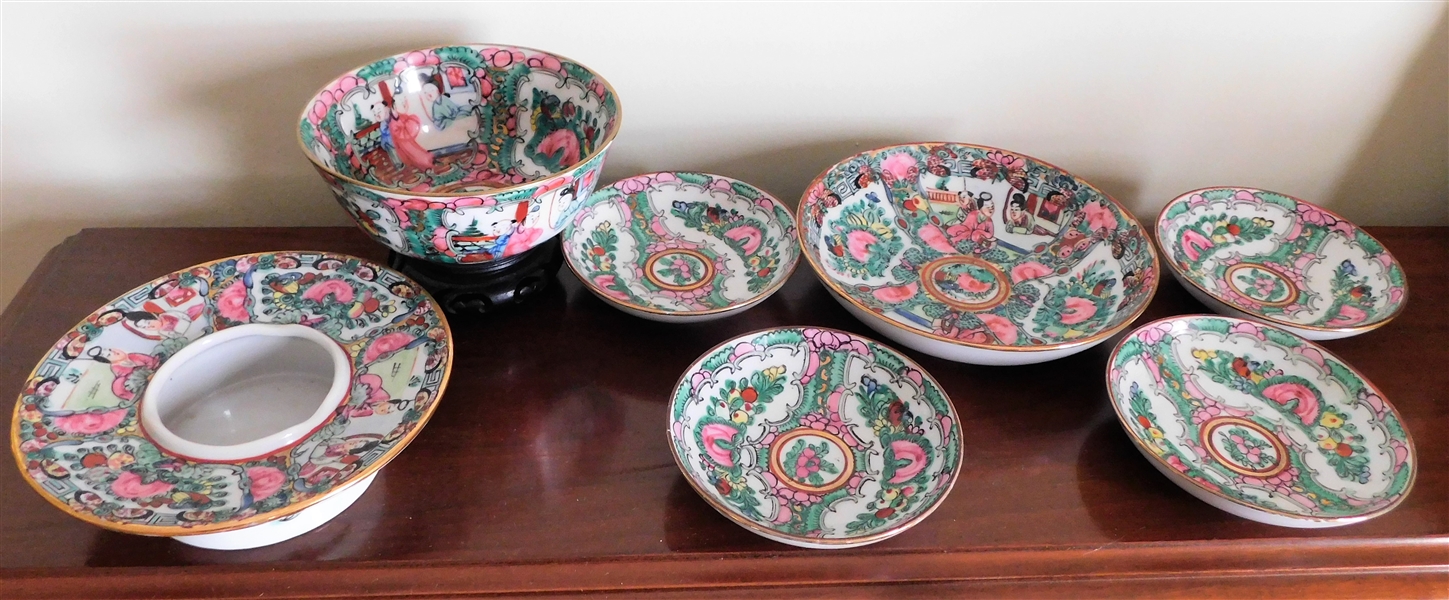 Lot of Small Modern Asian Porcelain Items including 4" Hong Kong Bowl, Small Plates, and Candle Holder