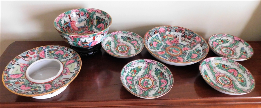 Lot of Small Modern Asian Porcelain Items including 4 Hong Kong Bowl, Small Plates, and Candle Holder
