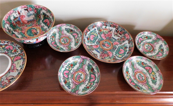 Lot of Small Modern Asian Porcelain Items including 4 Hong Kong Bowl, Small Plates, and Candle Holder