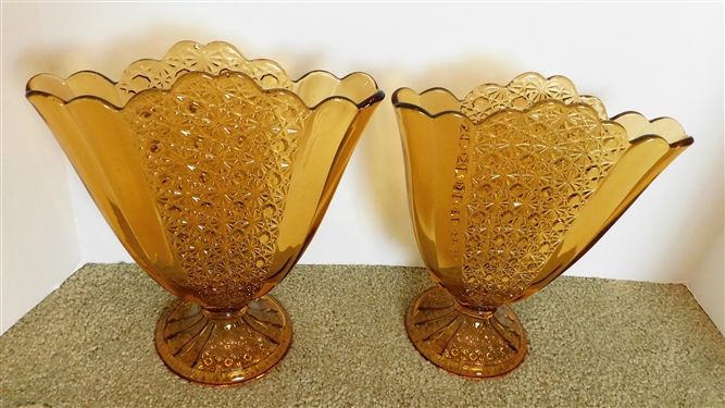 Pair of Amber Daisy and Button Fan Vases 10 Tall 