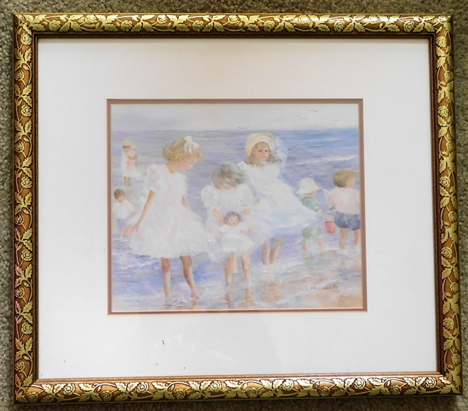 Helene Leveillee Print of Children at Beach - Framed and Matted - 13 1/2" by 15 1/2"