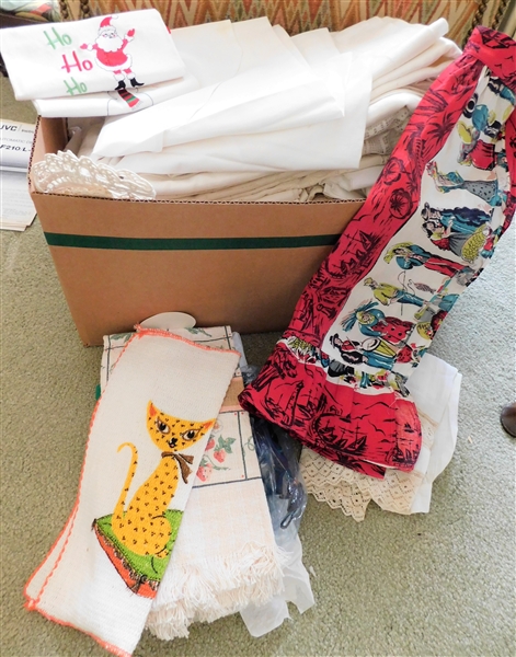 Lot of Linens including Christmas, Cats, Dollies, Aprons, Etc.