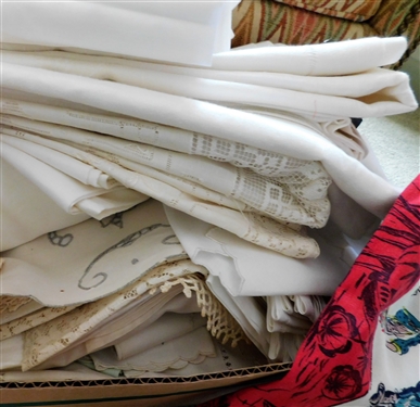 Lot of Linens including Christmas, Cats, Dollies, Aprons, Etc.