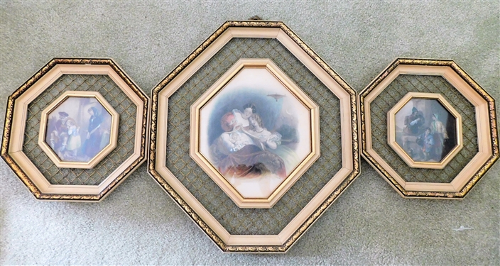 Set of 3 Hand Colored Engravings in Octagon Frames - Largest Frame Measures 17 1/2 by 17 1/2 Smaller Measure 12 by 12