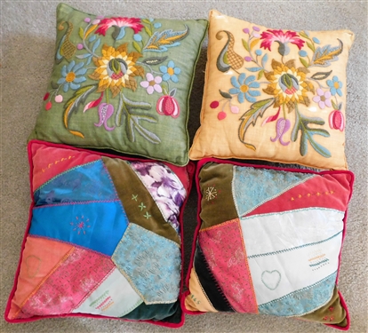4 Throw Pillows - 2 Made From Crazy Quilts Dated 1965 and 1966 Other 2 with Embroidered Flowers - all 12 by 12