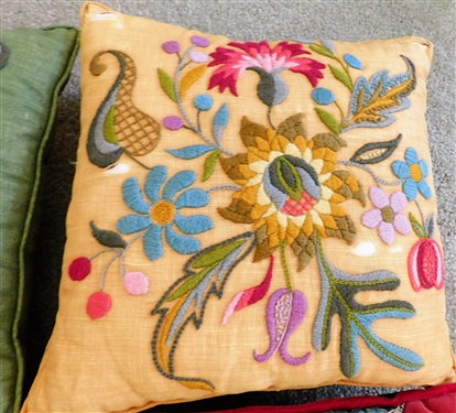 4 Throw Pillows - 2 Made From Crazy Quilts Dated 1965 and 1966 Other 2 with Embroidered Flowers - all 12 by 12