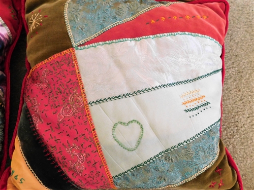 4 Throw Pillows - 2 Made From Crazy Quilts Dated 1965 and 1966 Other 2 with Embroidered Flowers - all 12 by 12